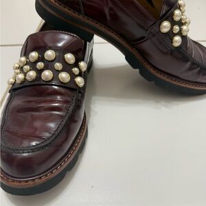 Stuart Weitzman Pearl-Studded Burgundy Patent Loafers, size 37